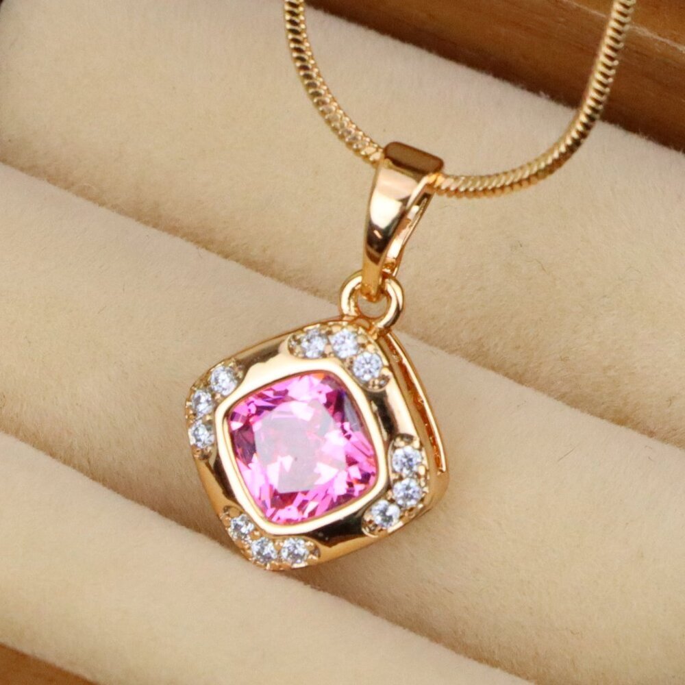 "Pink Cushion Stone Pendant in Gold Plated Brass with Crystal Halo, XPPT1767